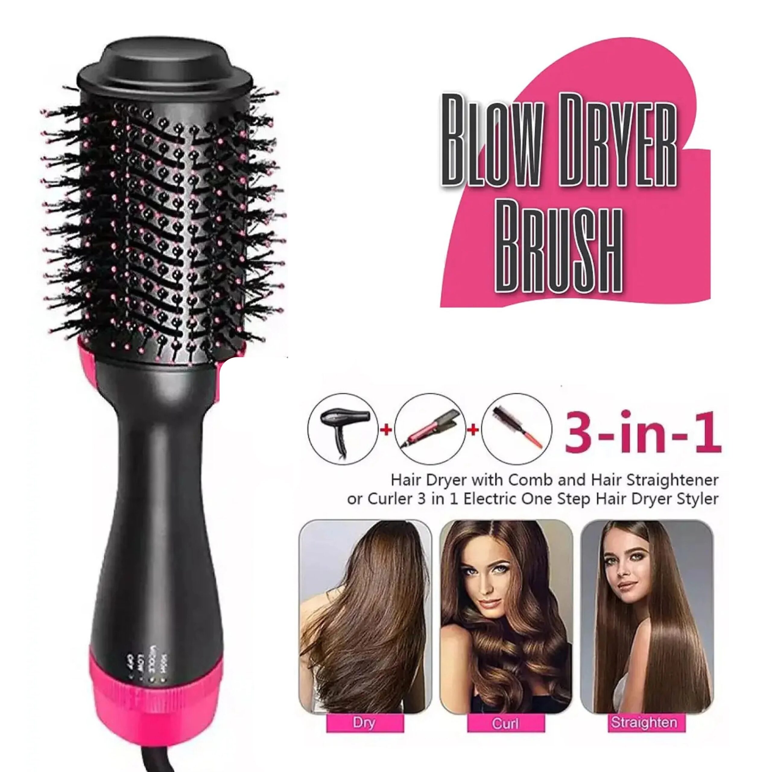 3-in-1 One-Step Hot Air Brush – Professional Hair Dryer, Curler, and Straightener Styler